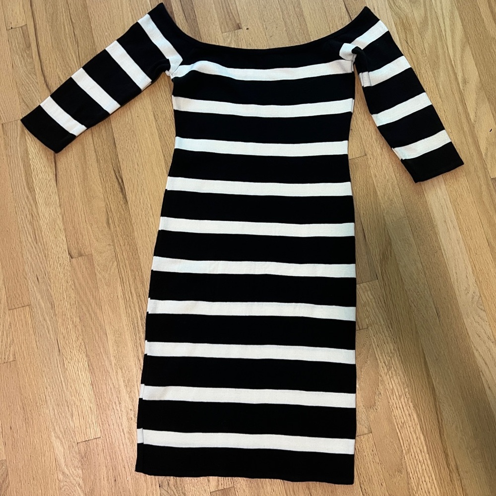 Black and White Striped Off-Shoulder Dress